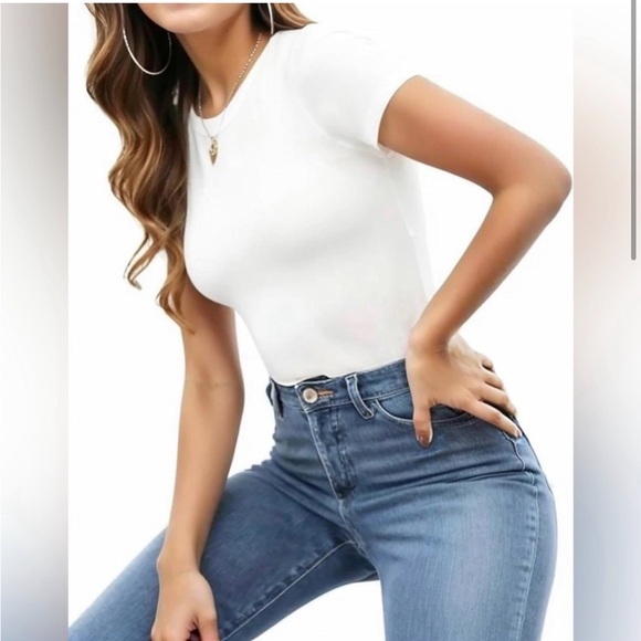 MANGOPOP Women's Round Neck Short Sleeve T Shirts Basic stretch Bodysuit M - Picture 2 of 9